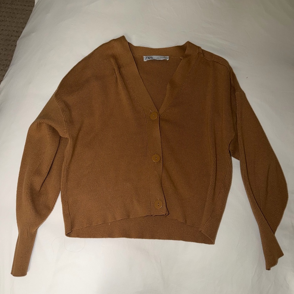 Zara Camel Brown Button-Front V-Neck Cardigan